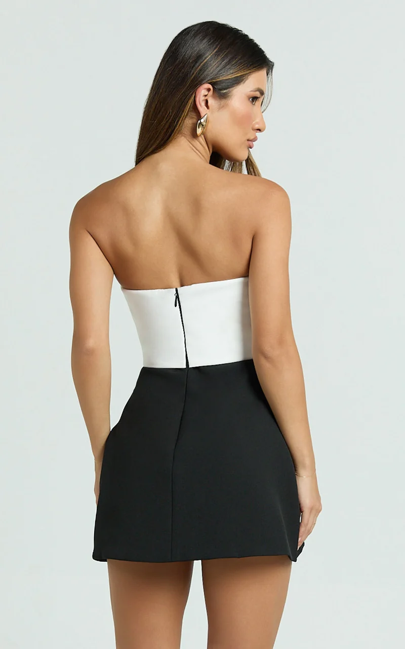 Loissa Mini Dress - Strapless Corset Waist Contrast Colour Tulip Skirt Dress in Black