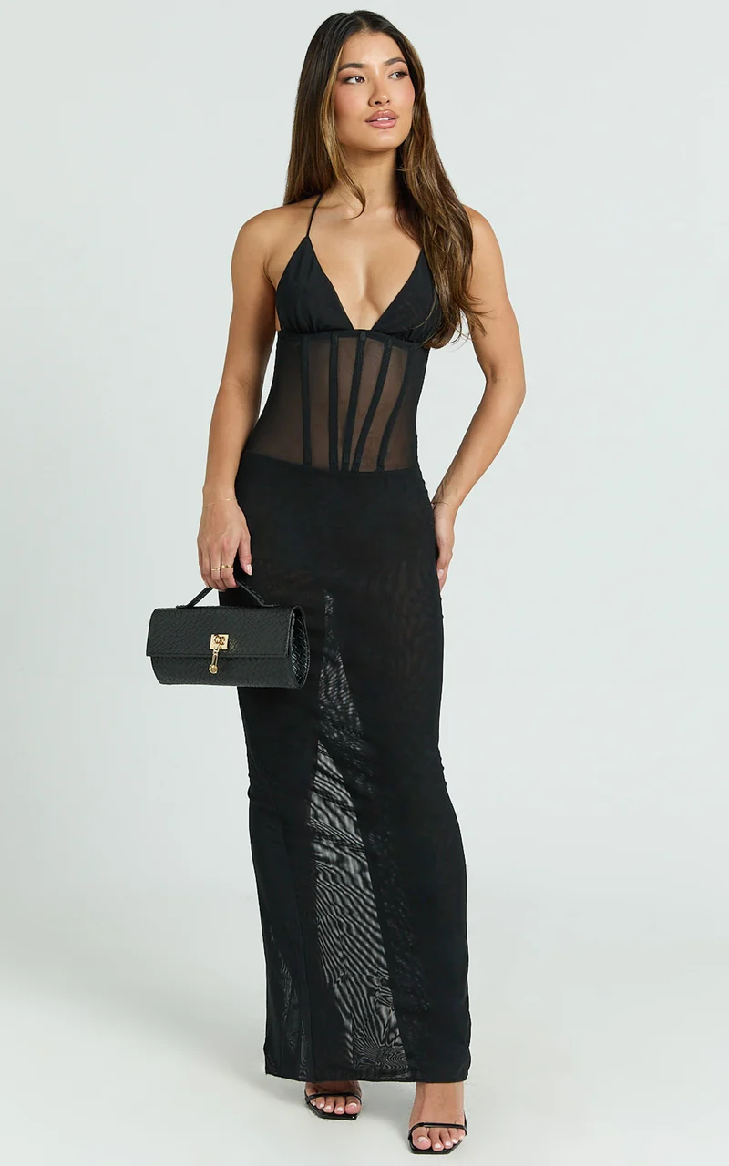 Roselyn Maxi Dress - Halter Neck Corset Waist Column Dress in Black
