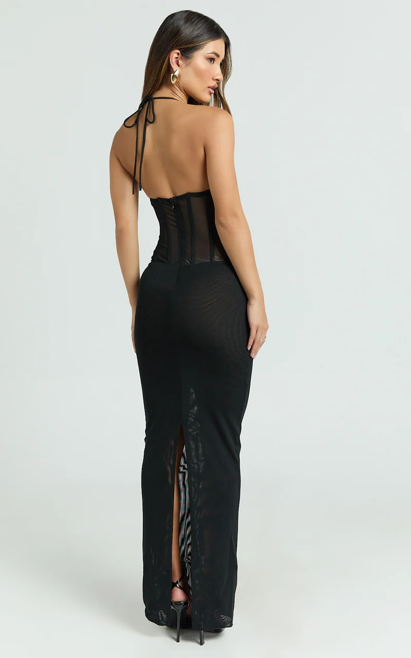 Roselyn Maxi Dress - Halter Neck Corset Waist Column Dress in Black