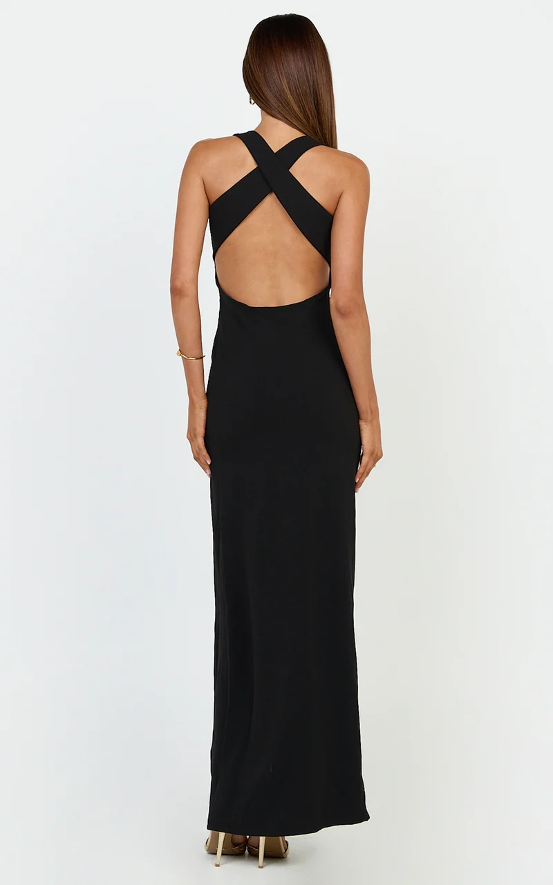Tonya Maxi Dress - High Neck Cross Back Bodycon Dress in Black