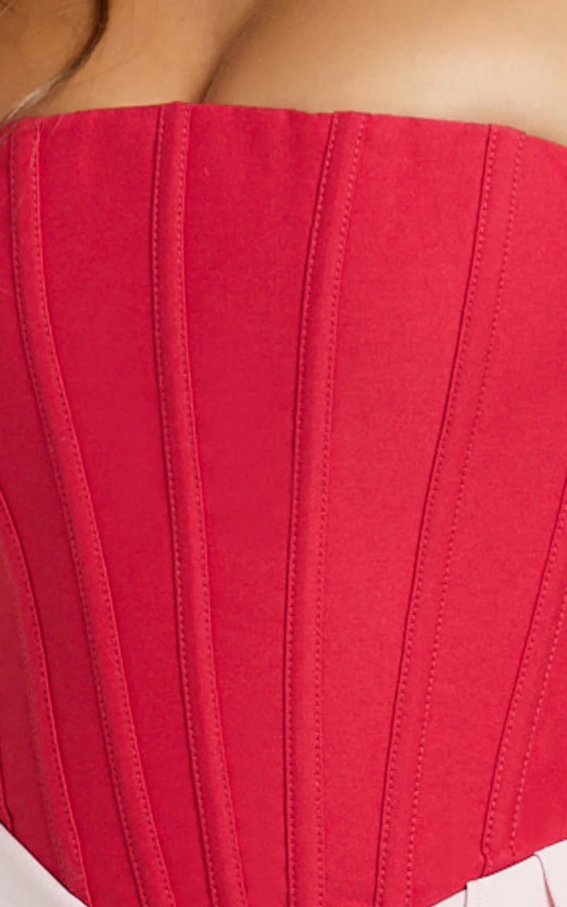 Olympia Mini Dress - Contrast Draped Strapless Fit And Flare Dress in Red/Pink