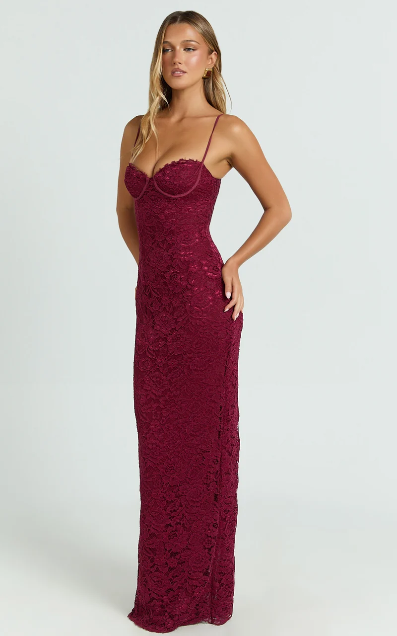 Carli Maxi Dress - Adjustable Strap Corset Bodycon Lace Dress in Wine