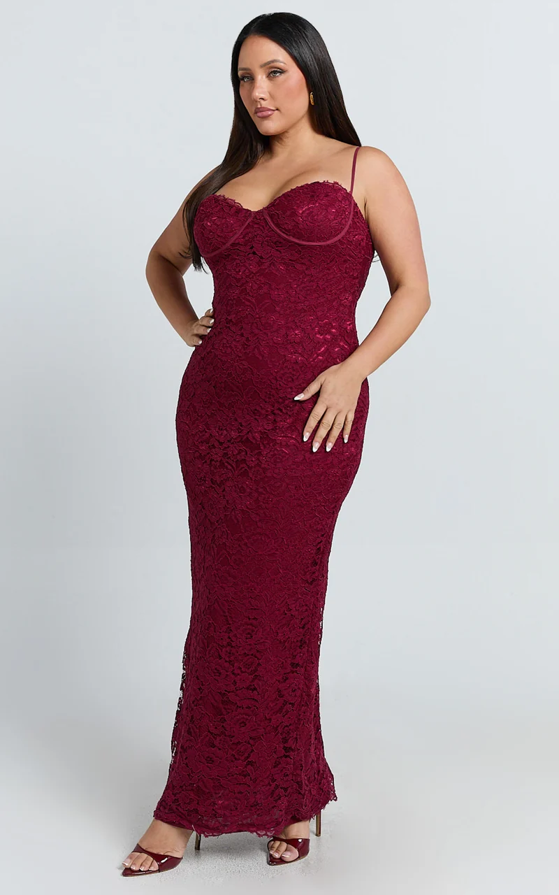 Carli Maxi Dress - Adjustable Strap Corset Bodycon Lace Dress in Wine