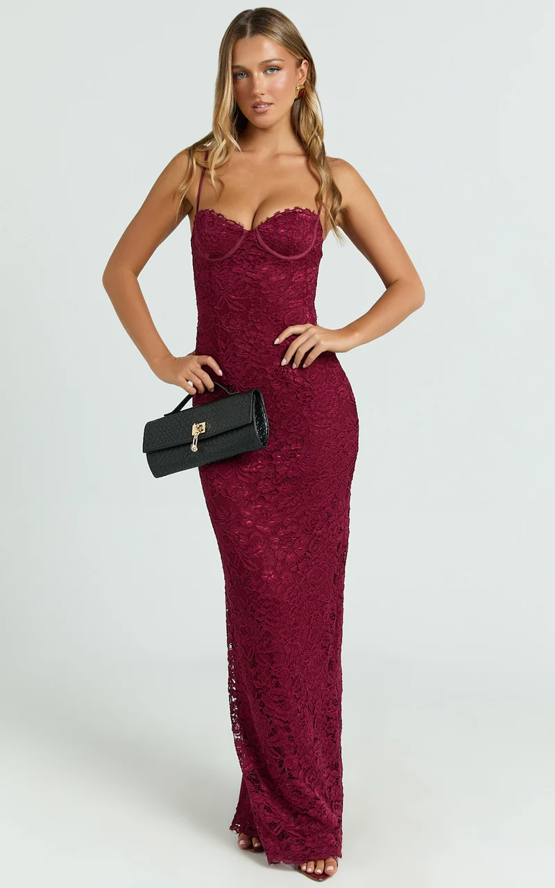 Carli Maxi Dress - Adjustable Strap Corset Bodycon Lace Dress in Wine