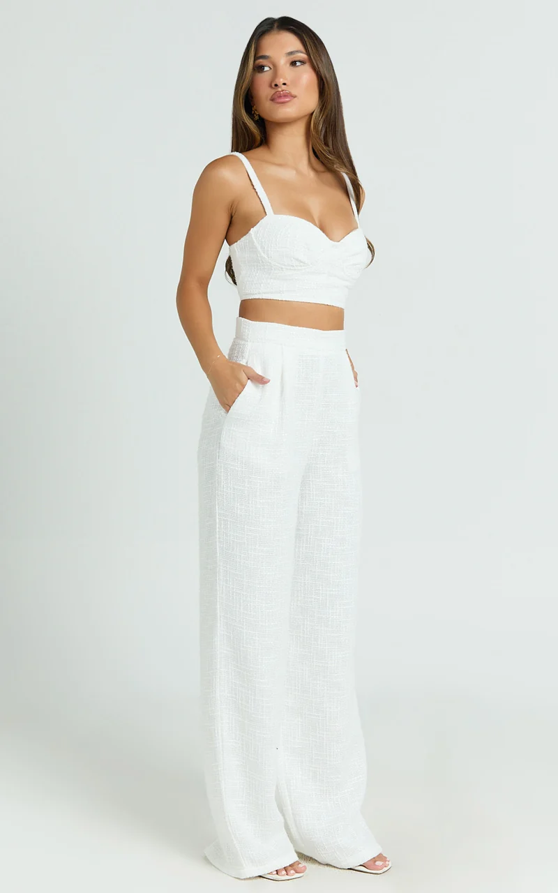 Sylvia Two Piece Set - Corset Top and High Waisted Wide Leg Pants Set in White