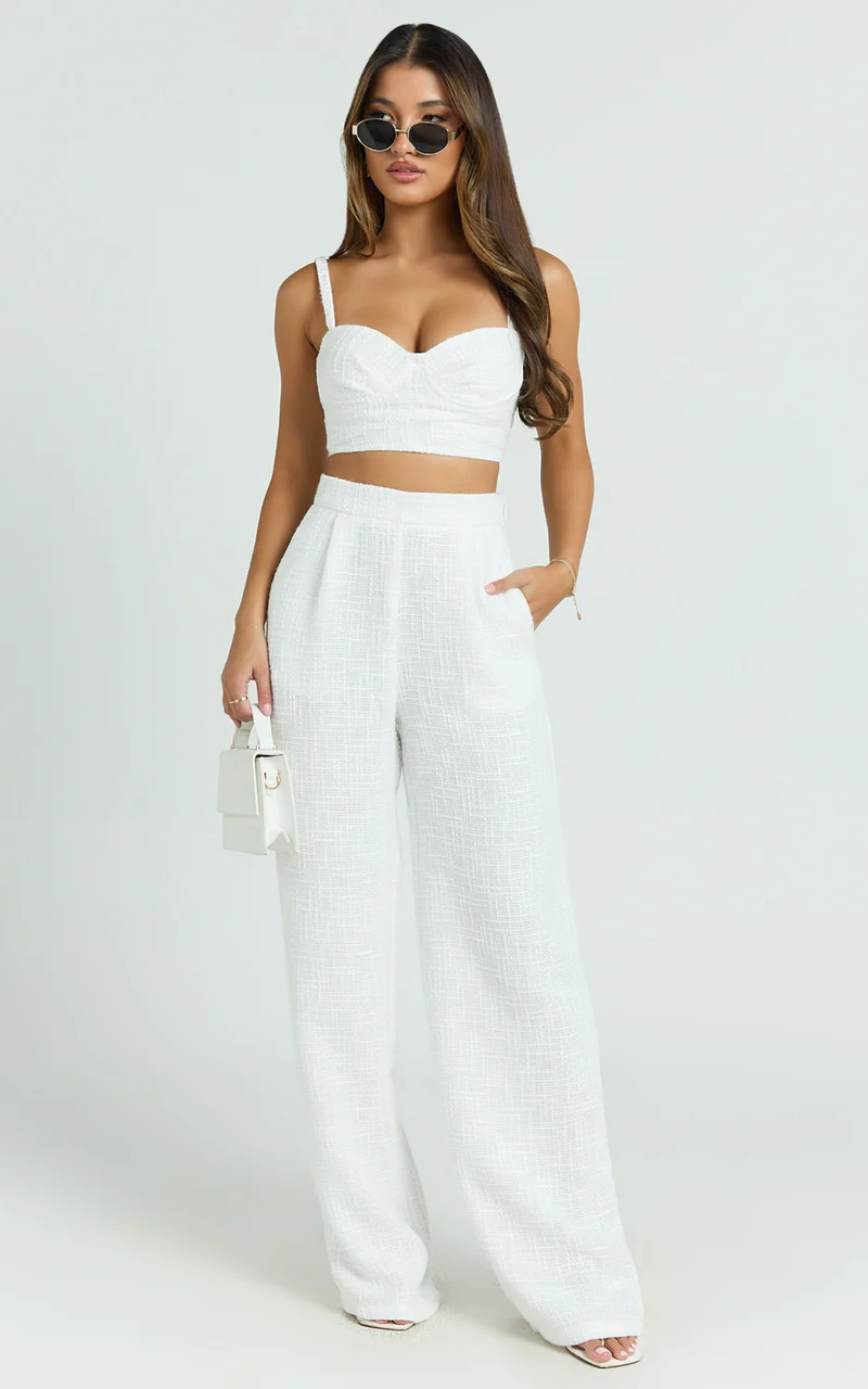 Sylvia Two Piece Set - Corset Top and High Waisted Wide Leg Pants Set in White