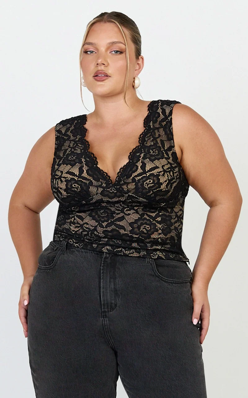 Antonia Top - V Neck Lace Detail Top in Black