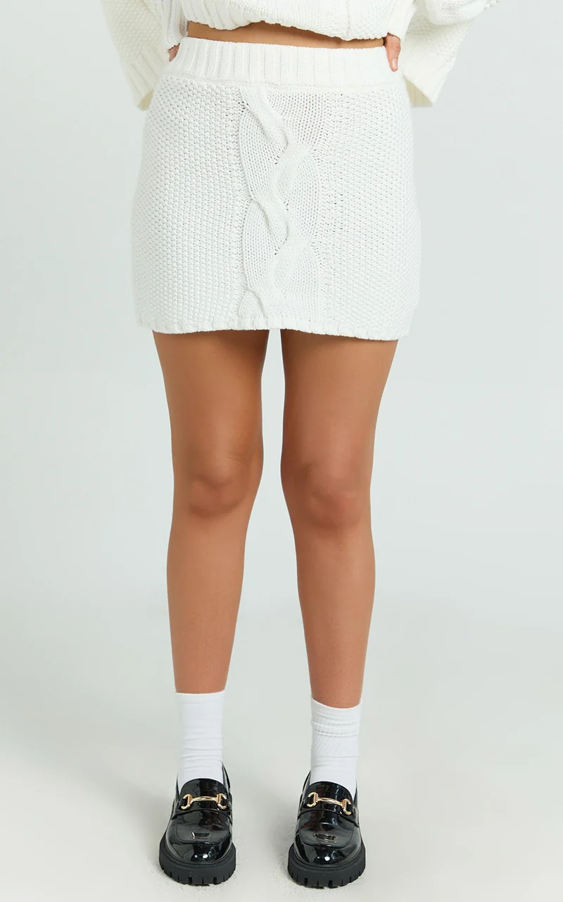 Marge Mini Skirt - High Waisted Cable Knit Mini Skirt in White
