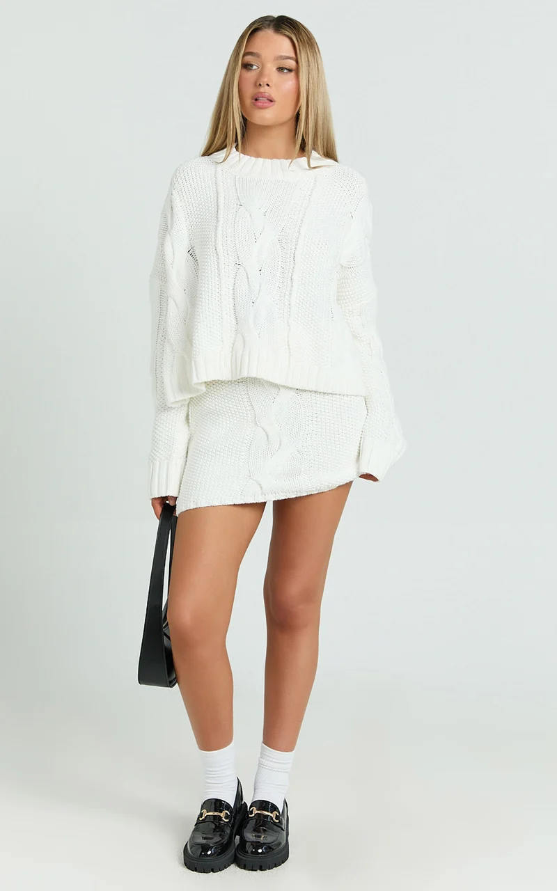 Marge Mini Skirt - High Waisted Cable Knit Mini Skirt in White