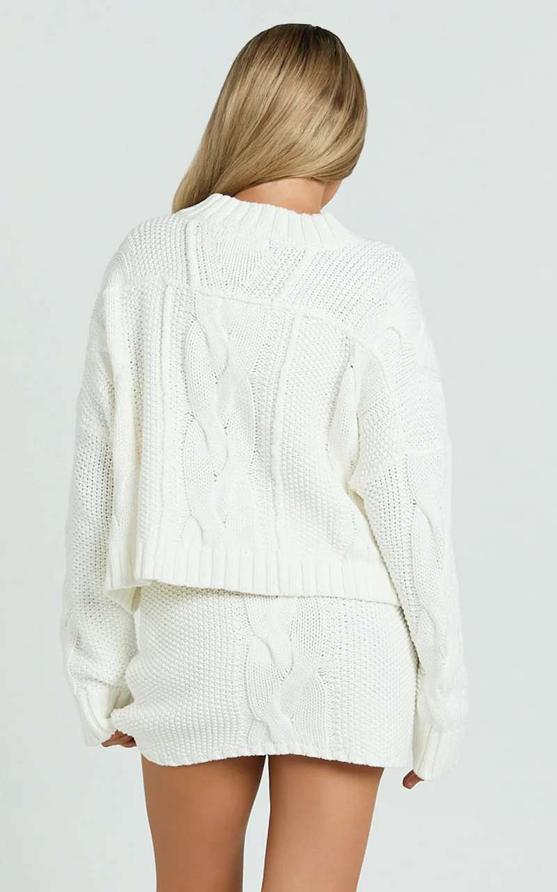 Marge Mini Skirt - High Waisted Cable Knit Mini Skirt in White