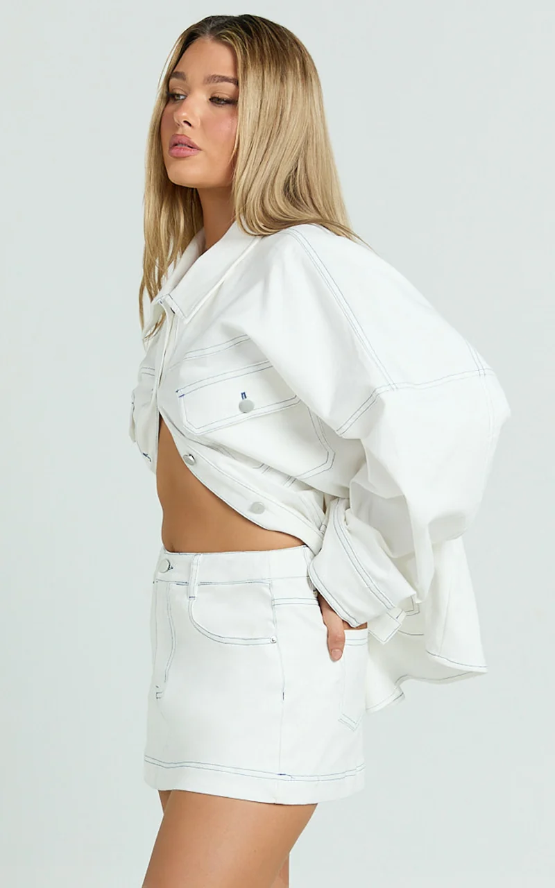 Richelle Skort - Mid Waisted Mini Skirt With Contrast Stitch Detail in Off White