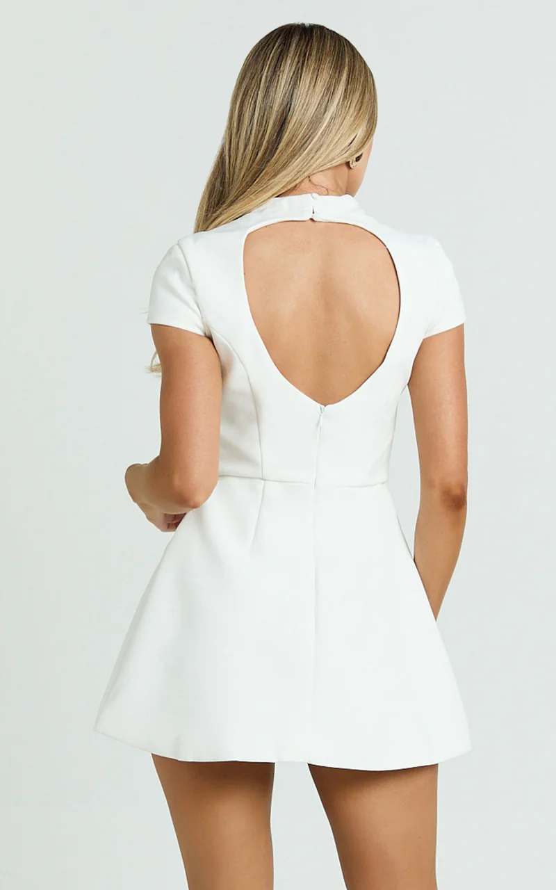 Savanna Mini Dress - High Neck Cap Sleeve Tulip Skirt Dress in White
