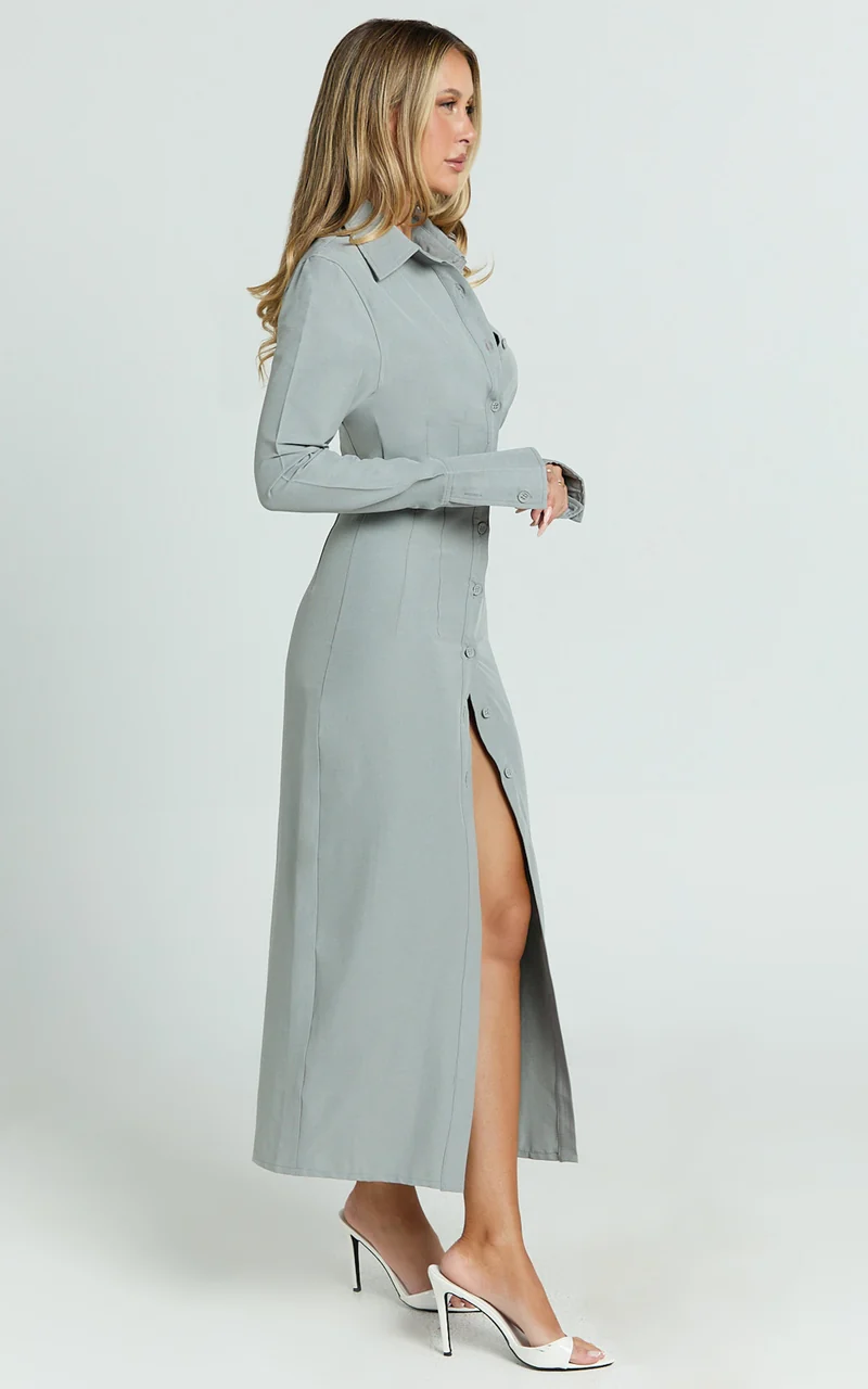Genevieve Midi Dress - Slim Shirt Dress in Light Grey