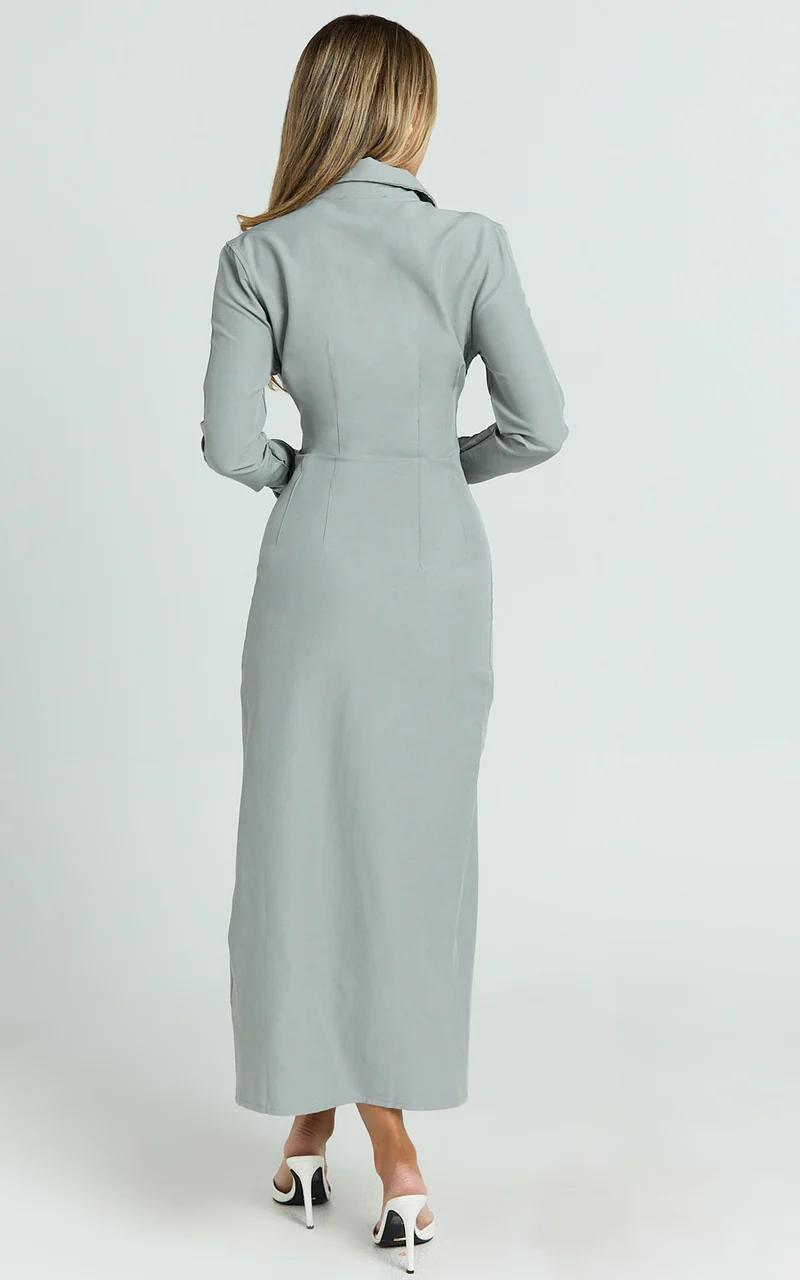Genevieve Midi Dress - Slim Shirt Dress in Light Grey