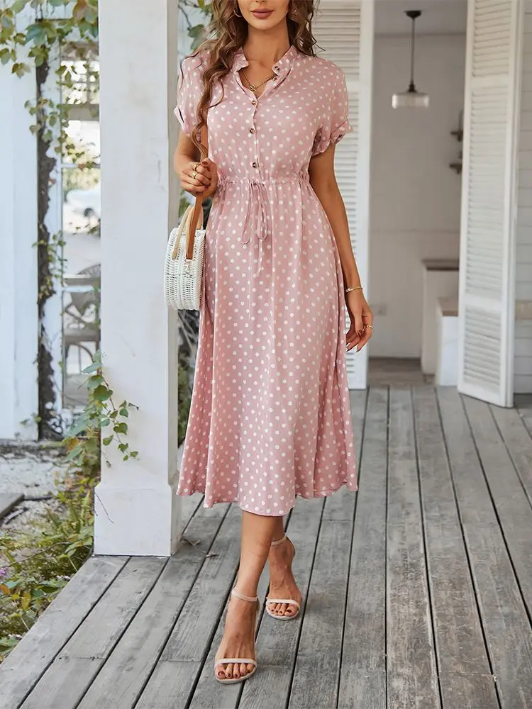 Robe a pois mi longue rose