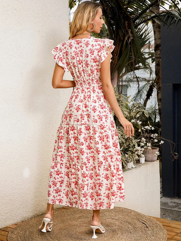 Robe longue à motifs de roses
