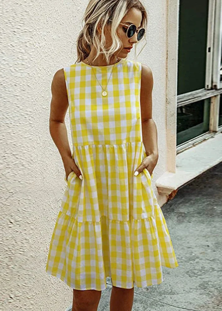 Robe Femme a Carreaux Jaune Citron