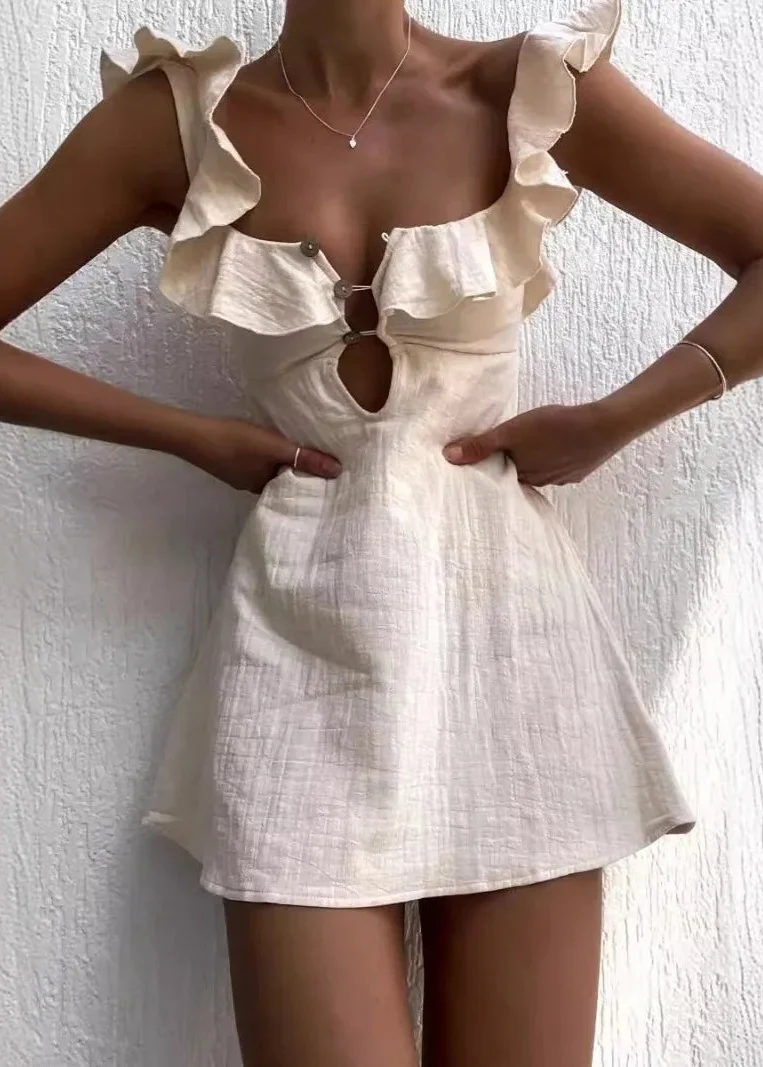 Robe Mini a Volants Beige