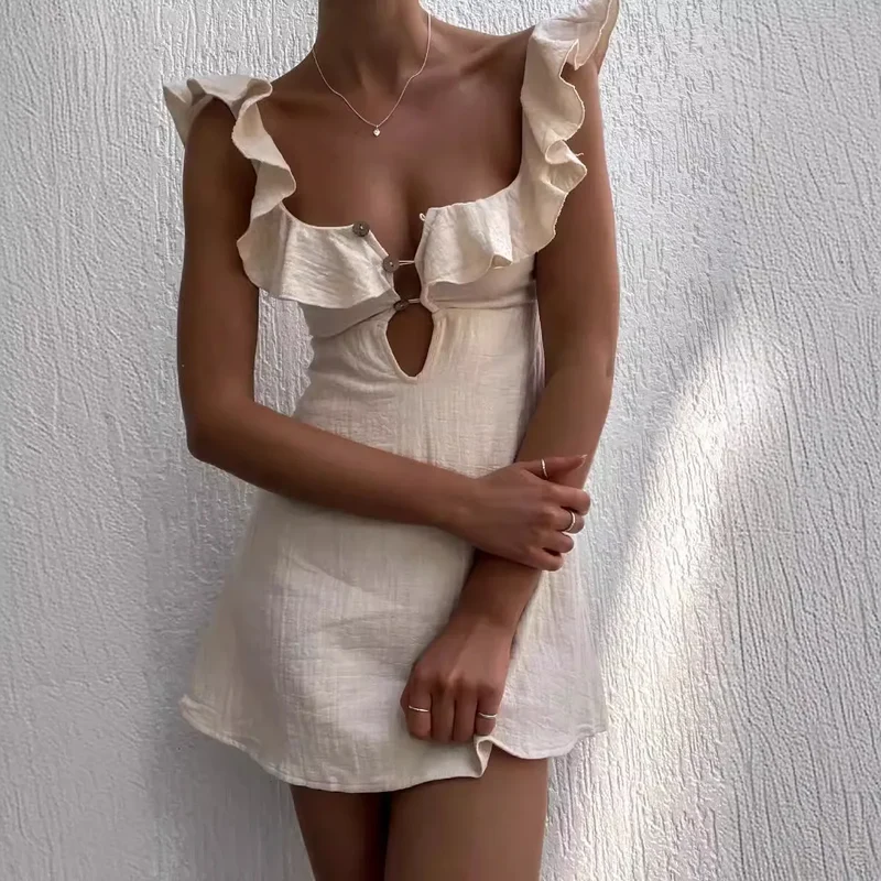 Robe Mini a Volants Beige