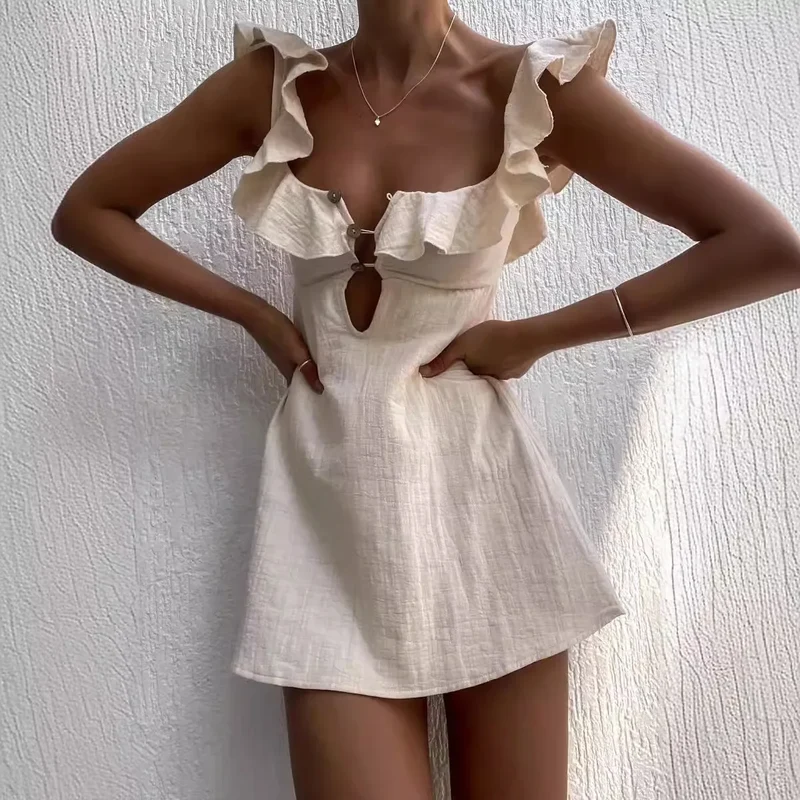 Robe Mini a Volants Beige