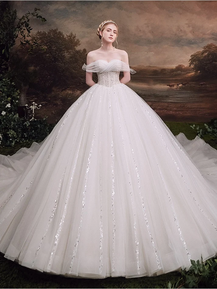 Robe de mariée robe de bal cathédrale à épaules dénudées
