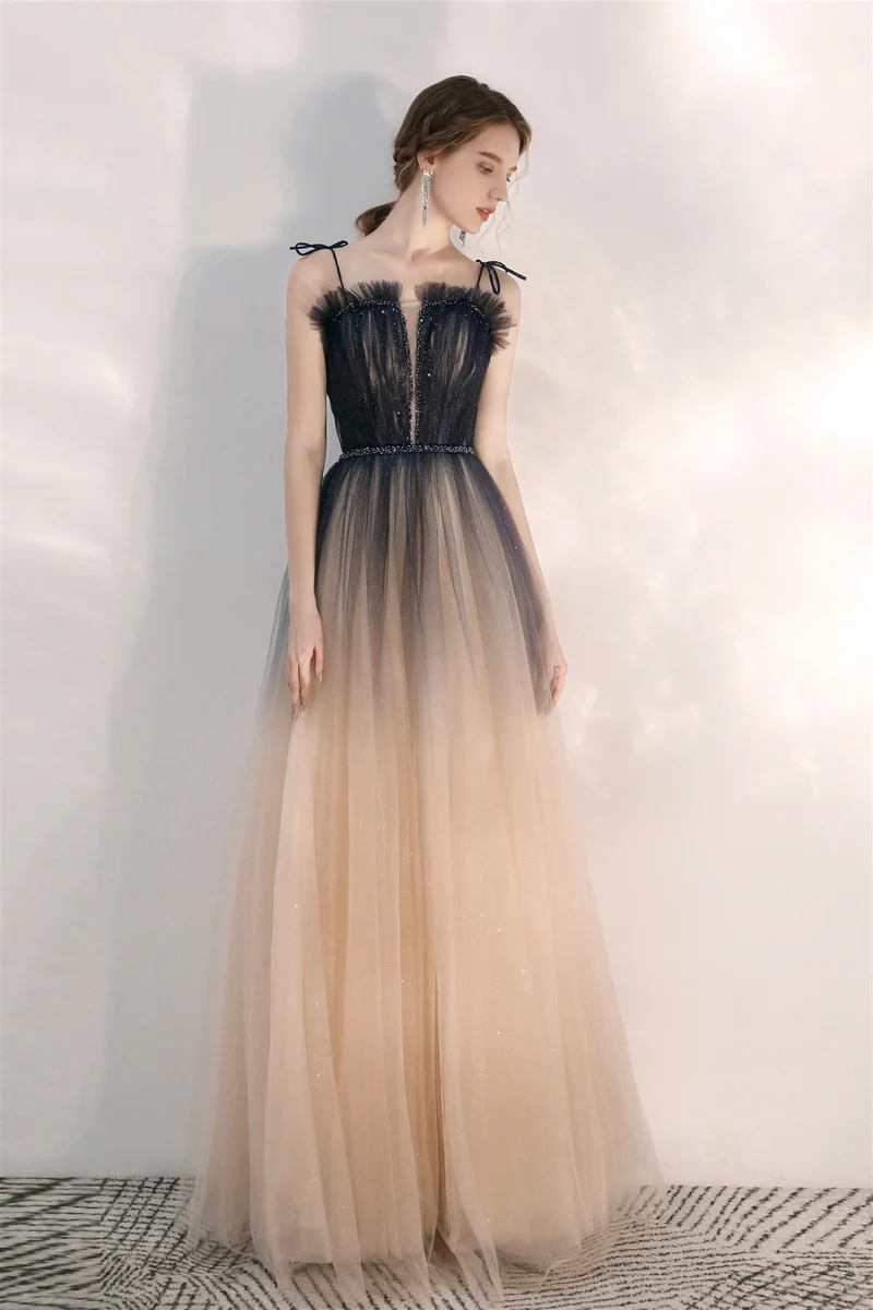Robe de bal fluide formelle en tulle romantique champagne