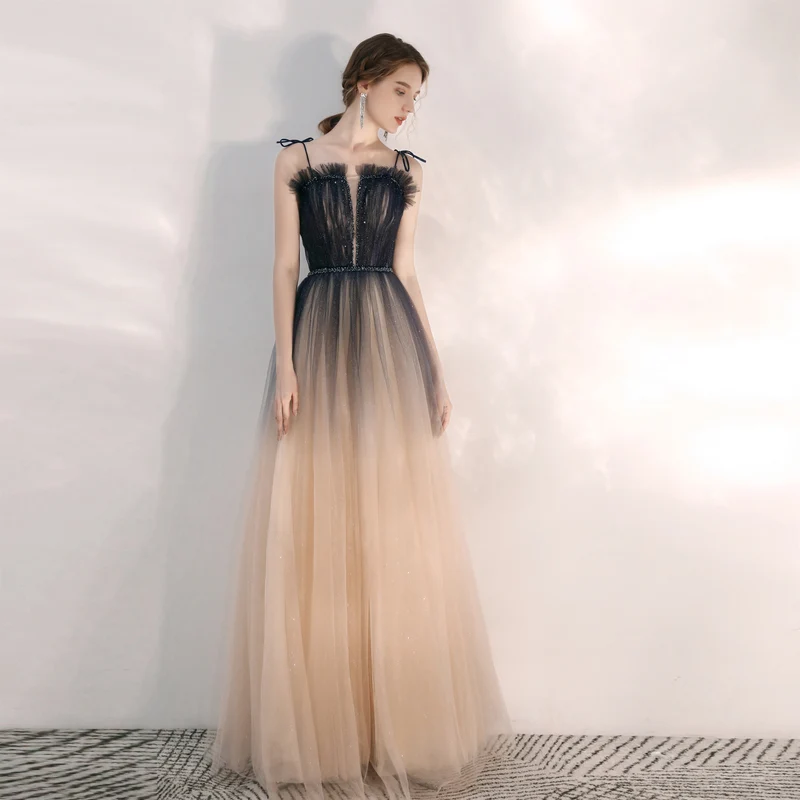 Robe de bal fluide formelle en tulle romantique champagne