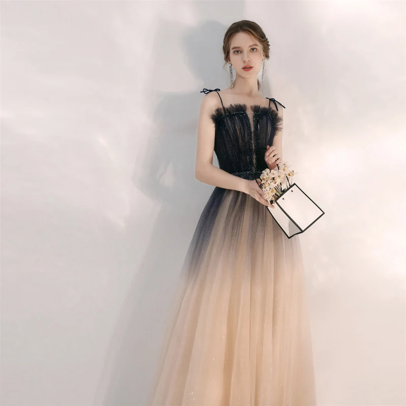 Robe de bal fluide formelle en tulle romantique champagne