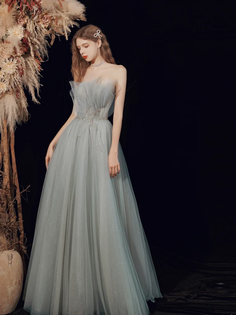 Robe de bal d'occasion sans bretelles gris argenté, robe de mariée