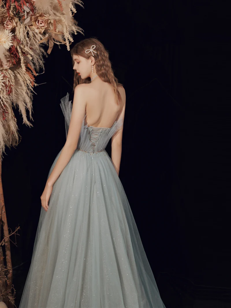 Robe de bal d'occasion sans bretelles gris argenté, robe de mariée