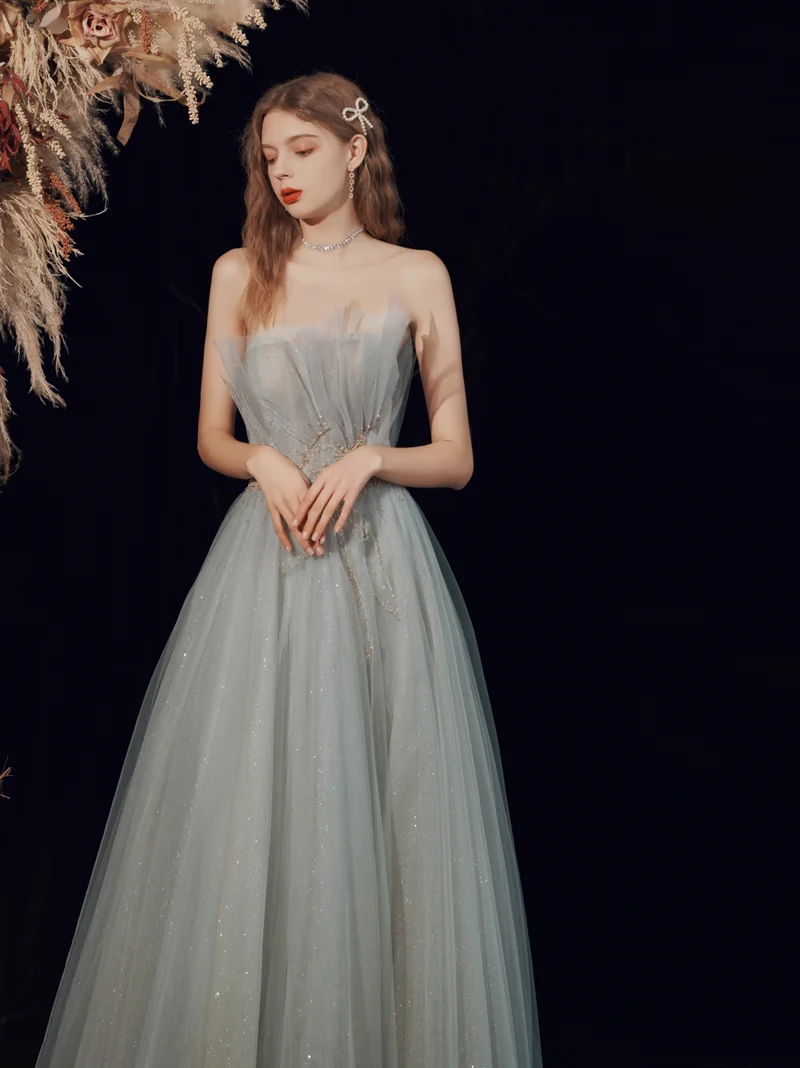 Robe de bal d'occasion sans bretelles gris argenté, robe de mariée