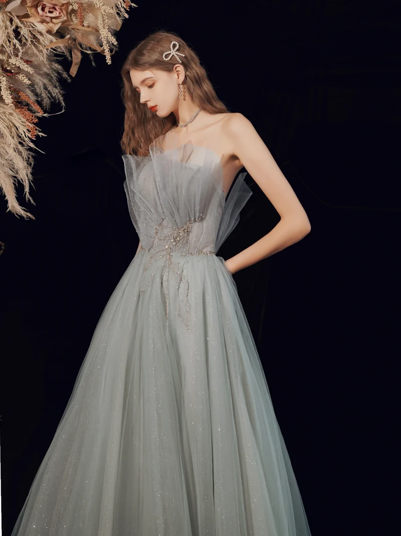 Robe de bal d'occasion sans bretelles gris argenté, robe de mariée