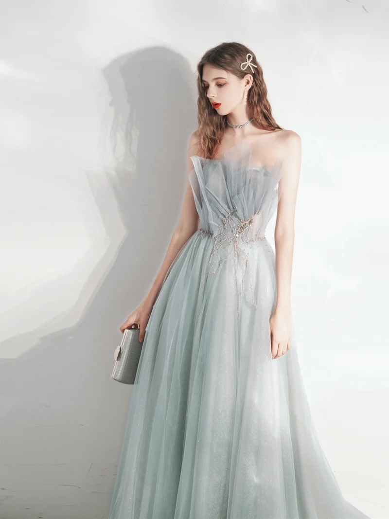 Robe de bal d'occasion sans bretelles gris argenté, robe de mariée