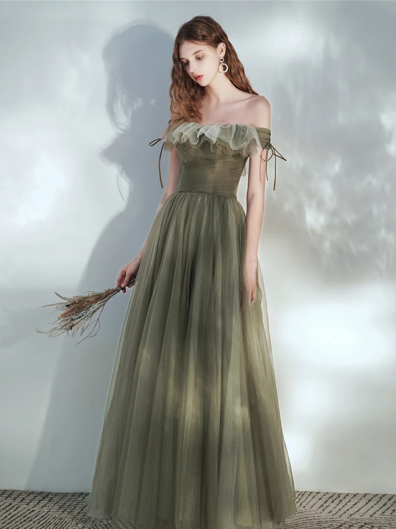 Robe de bal longue de conte de fées en tulle vert olive