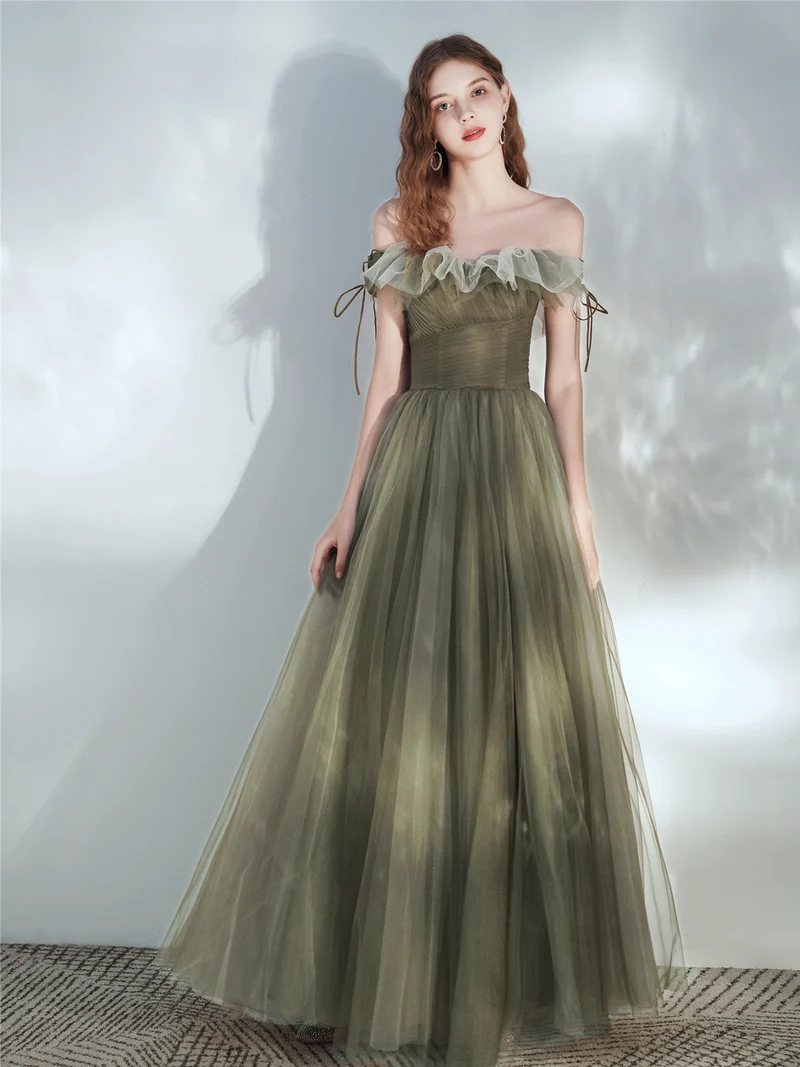 Robe de bal longue de conte de fées en tulle vert olive