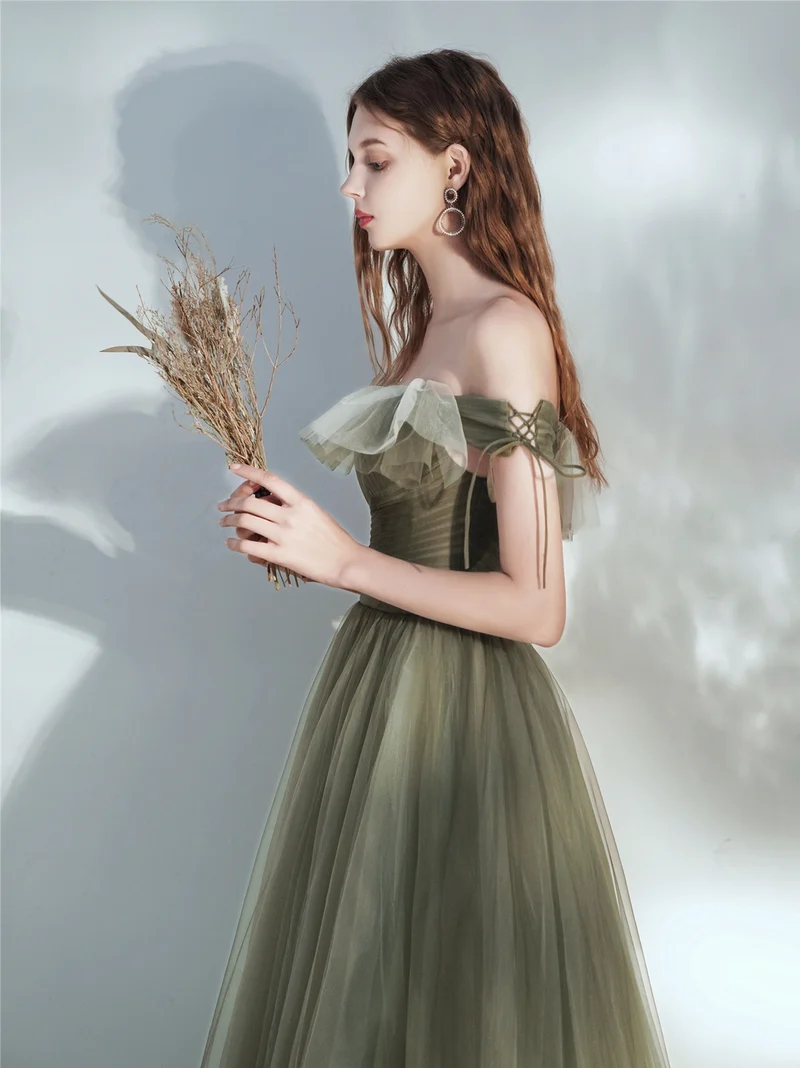 Robe de bal longue de conte de fées en tulle vert olive