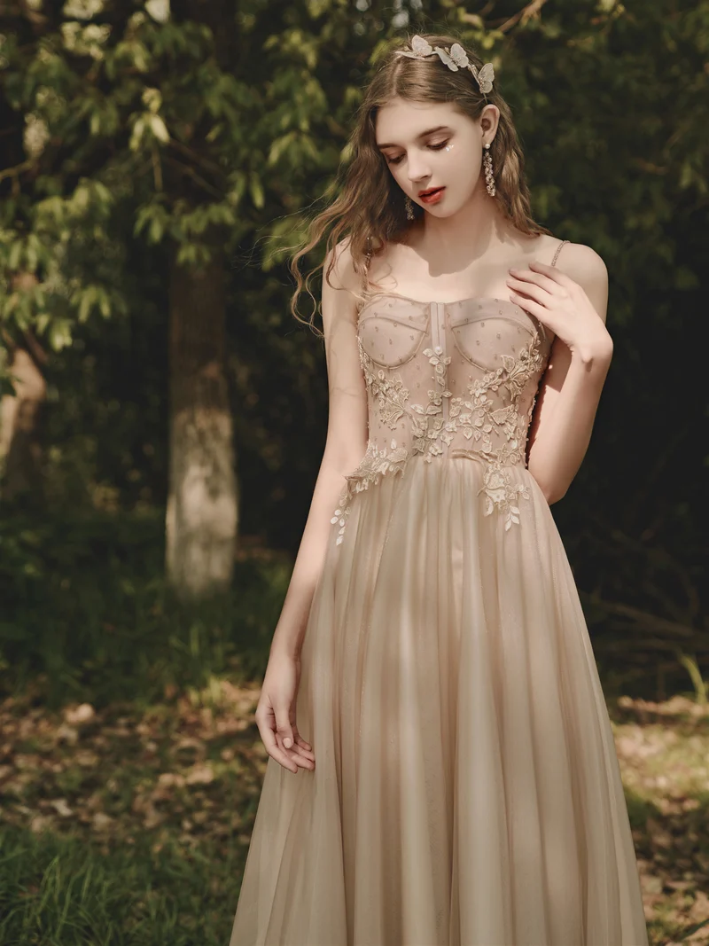 Robe de bal fluide champagne rustique robe de mariée longue