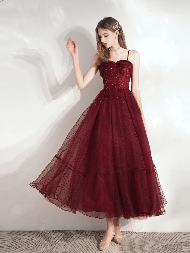 Robe de mariée bordeaux à pois, longueur thé, robe de bal
