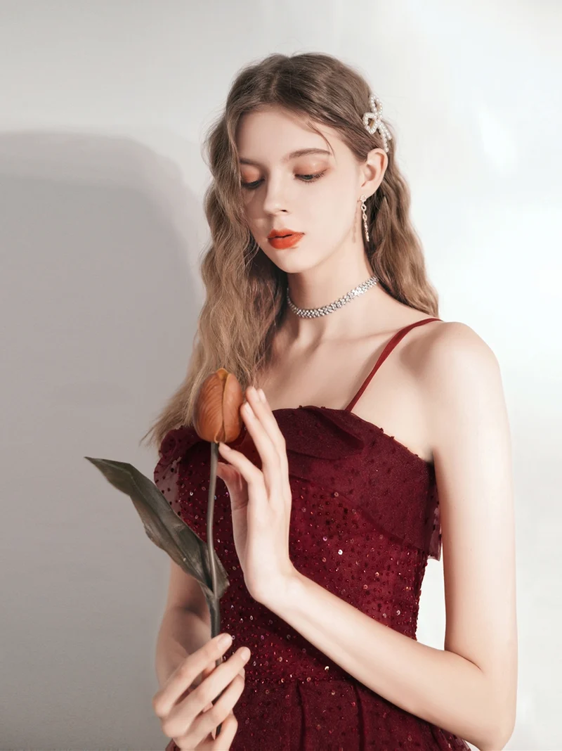 Robe de mariée bordeaux à pois, longueur thé, robe de bal