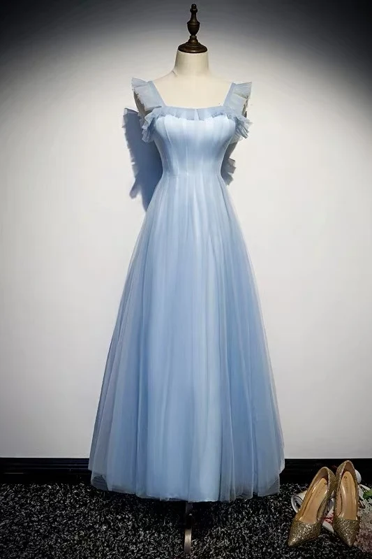 Robe de bal en tulle bleu clair longueur cheville