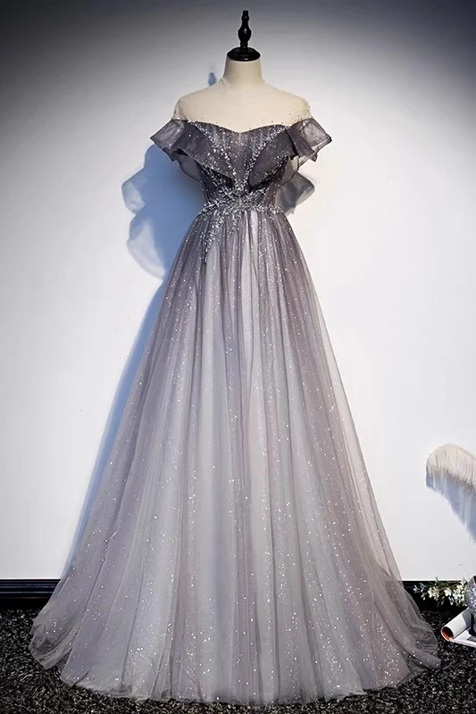 Robe de bal longue en tulle dégradé gris pailleté