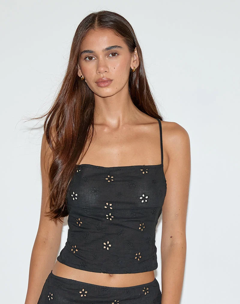 Nobita Cami Top in Flower Broderie Black