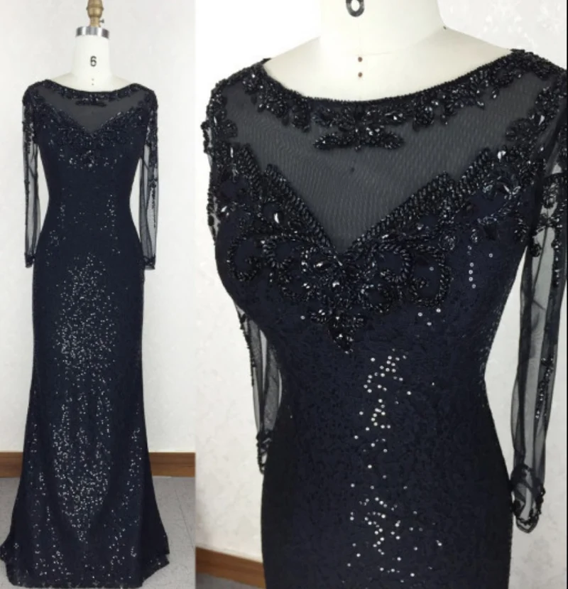 Robe de soirée moulante à paillettes noires, robe de bal avec manches