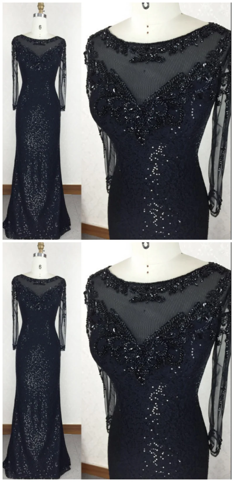 Robe de soirée moulante à paillettes noires, robe de bal avec manches