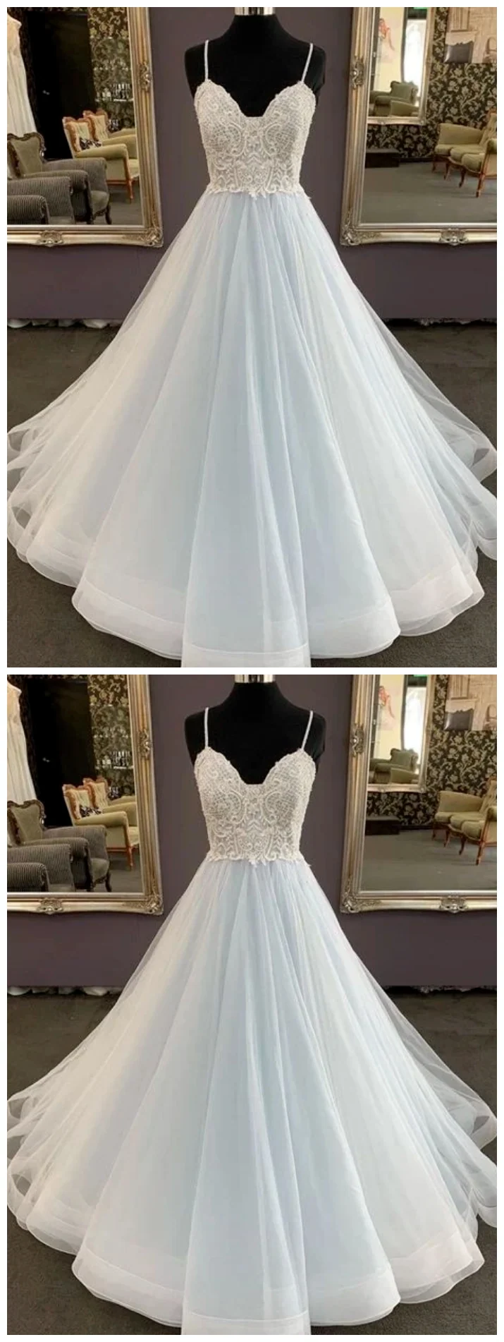 Robe de bal bleu pâle en dentelle fluide avec superposition de tulle blanc