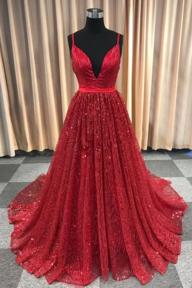 Robe de soirée rouge à paillettes, col en V plongeant, bretelles spaghetti, robe de bal