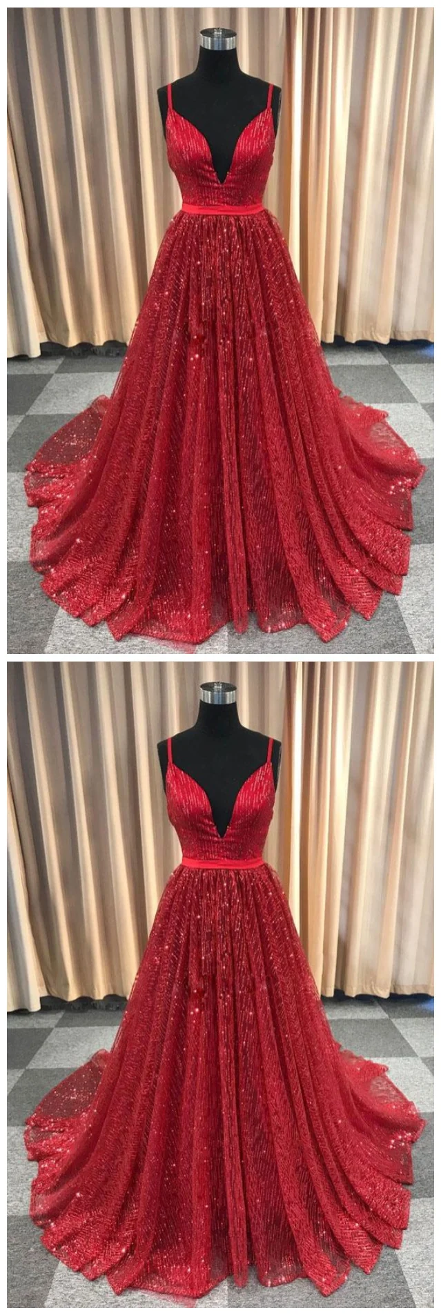 Robe de soirée rouge à paillettes, col en V plongeant, bretelles spaghetti, robe de bal