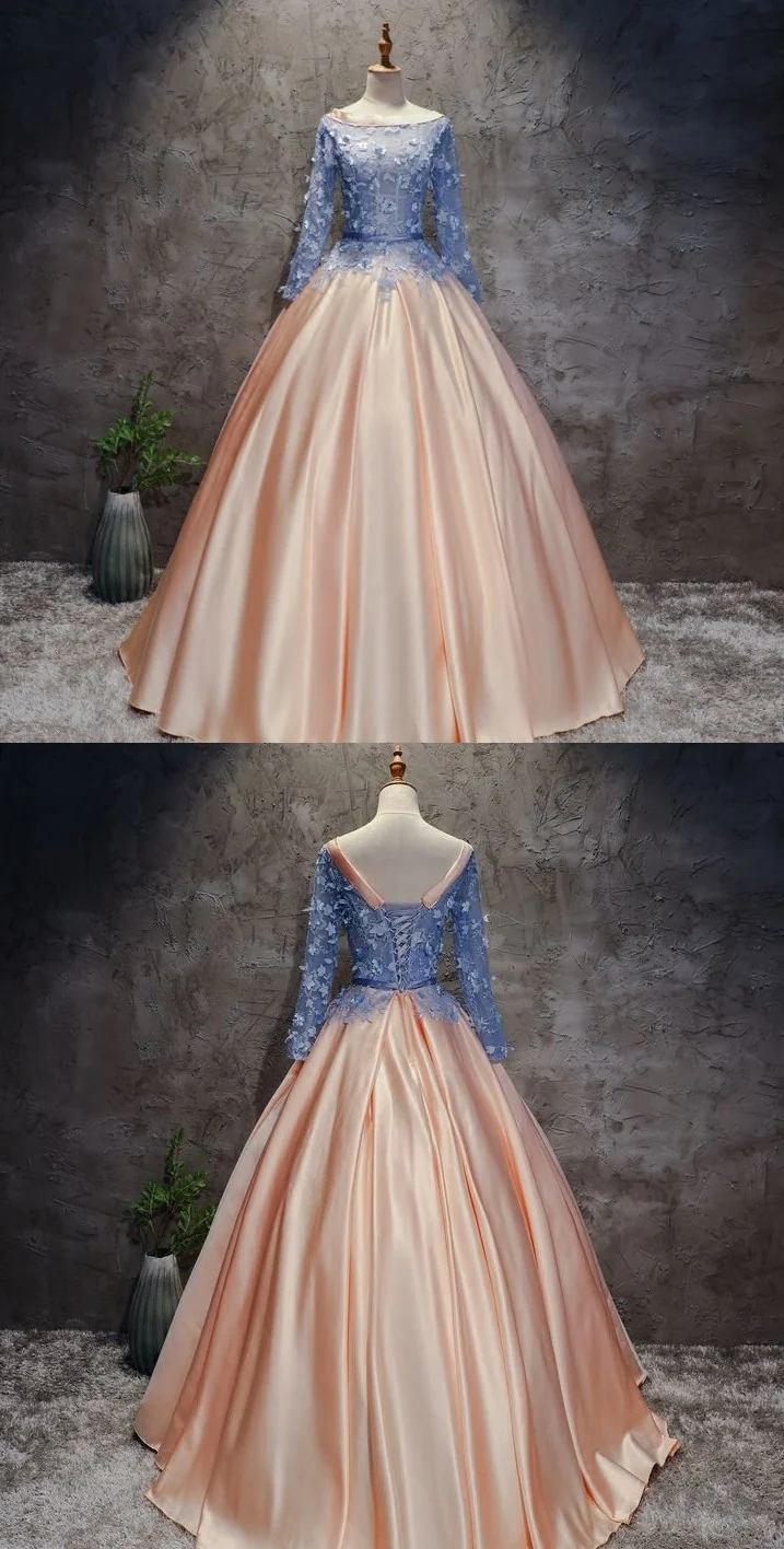 Robe de bal rose blush à encolure dégagée et manches