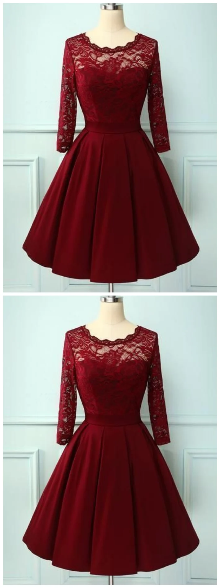Robe de bal courte en dentelle bordeaux des années 1950 avec manches