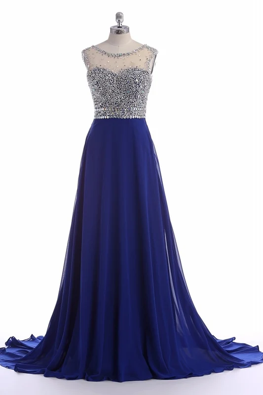 Robe de soirée fluide en mousseline de soie bleu royal, robe de bal longue